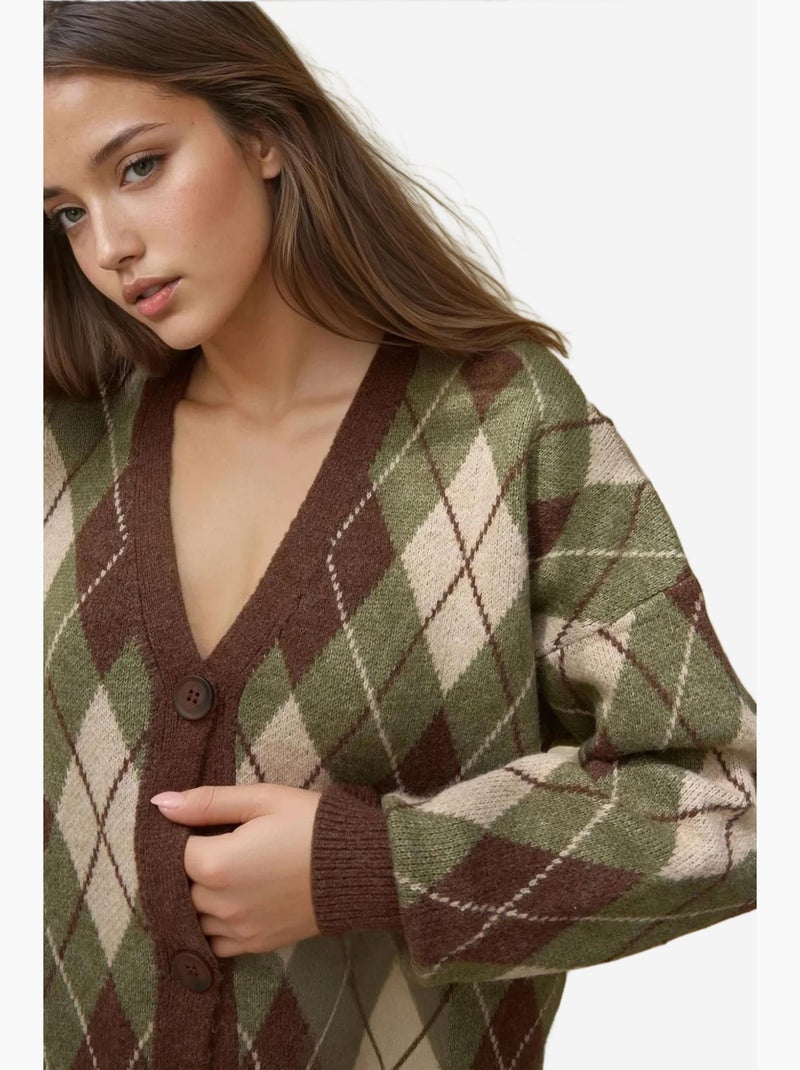 Cardigan lungo in maglia geometrica con scollo a v e bottoni hiccup Cachi - Kiabi
