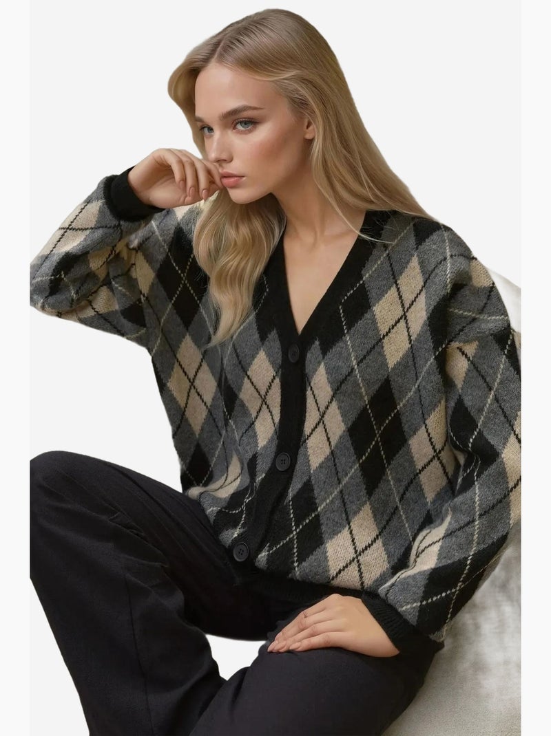 Cardigan lungo in maglia geometrica con scollo a v e bottoni hiccup Nero - Kiabi