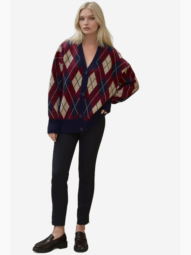 Cardigan lungo in maglia geometrica con scollo a v e bottoni hiccup Rosso bordeaux - Kiabi