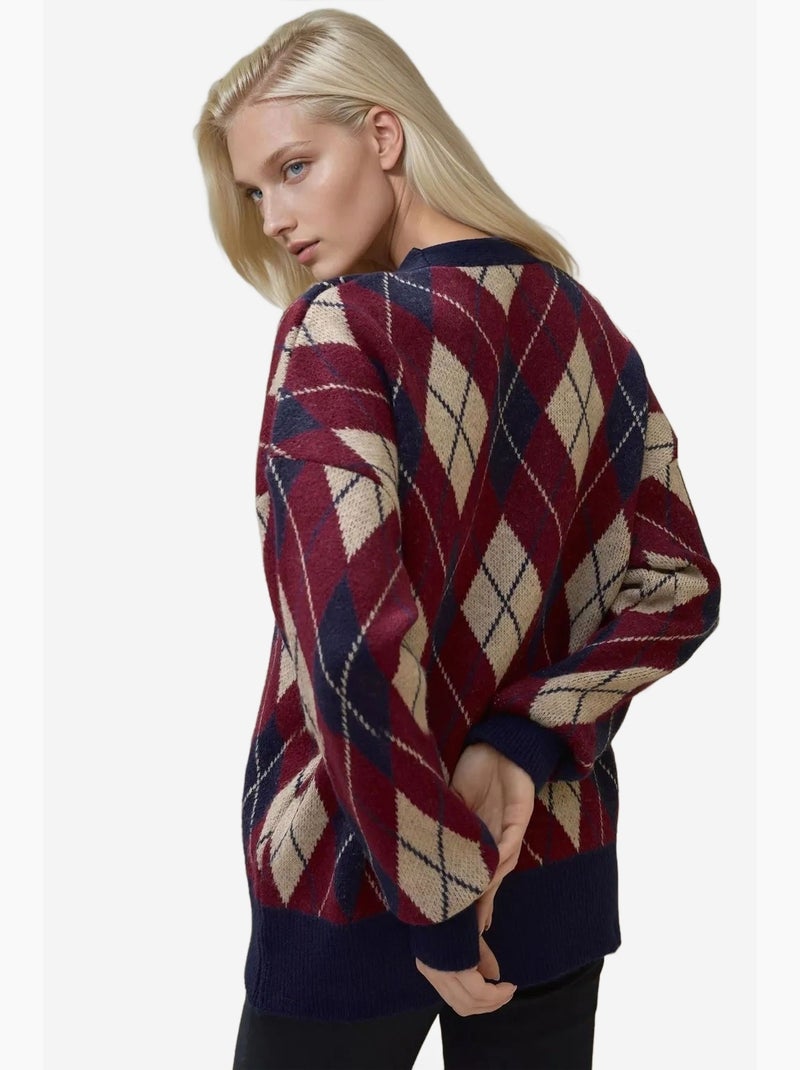 Cardigan lungo in maglia geometrica con scollo a v e bottoni hiccup Rosso bordeaux - Kiabi