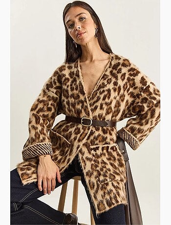 Cardigan lungo oversize con stampa leopardata e tasche lucci