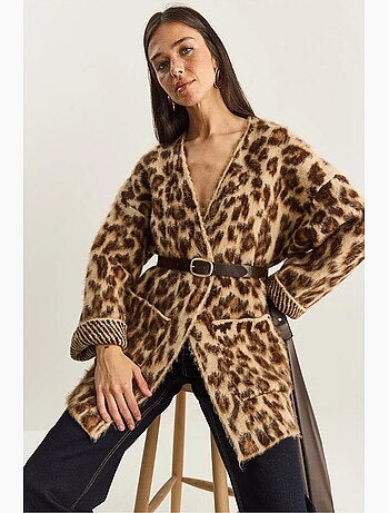 Cardigan lungo oversize con stampa leopardata e tasche lucci
