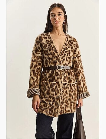 Cardigan lungo oversize con stampa leopardata e tasche lucci