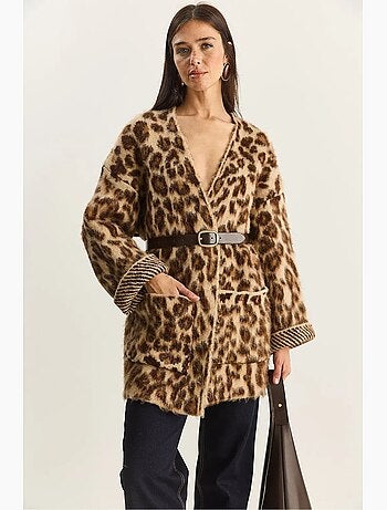 Cardigan lungo oversize con stampa leopardata e tasche lucci