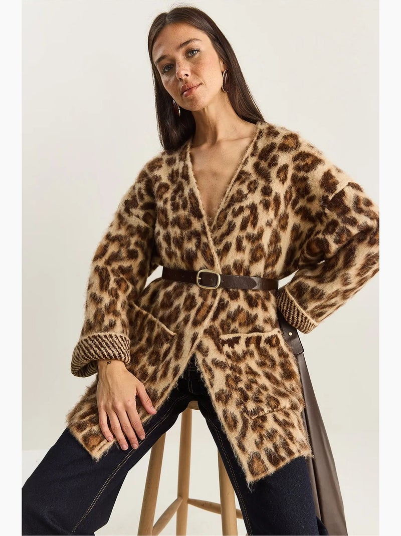 Cardigan lungo oversize con stampa leopardata e tasche lucci Marrone cioccolato - Kiabi