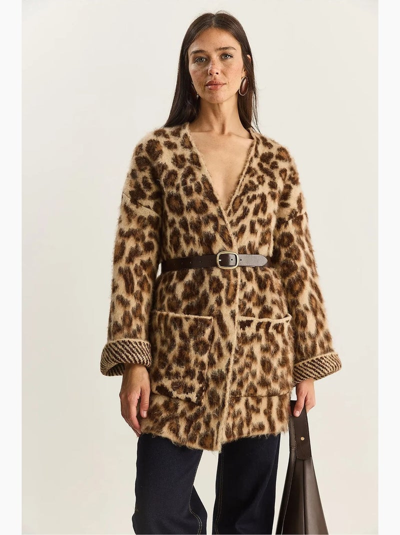 Cardigan lungo oversize con stampa leopardata e tasche lucci Marrone cioccolato - Kiabi