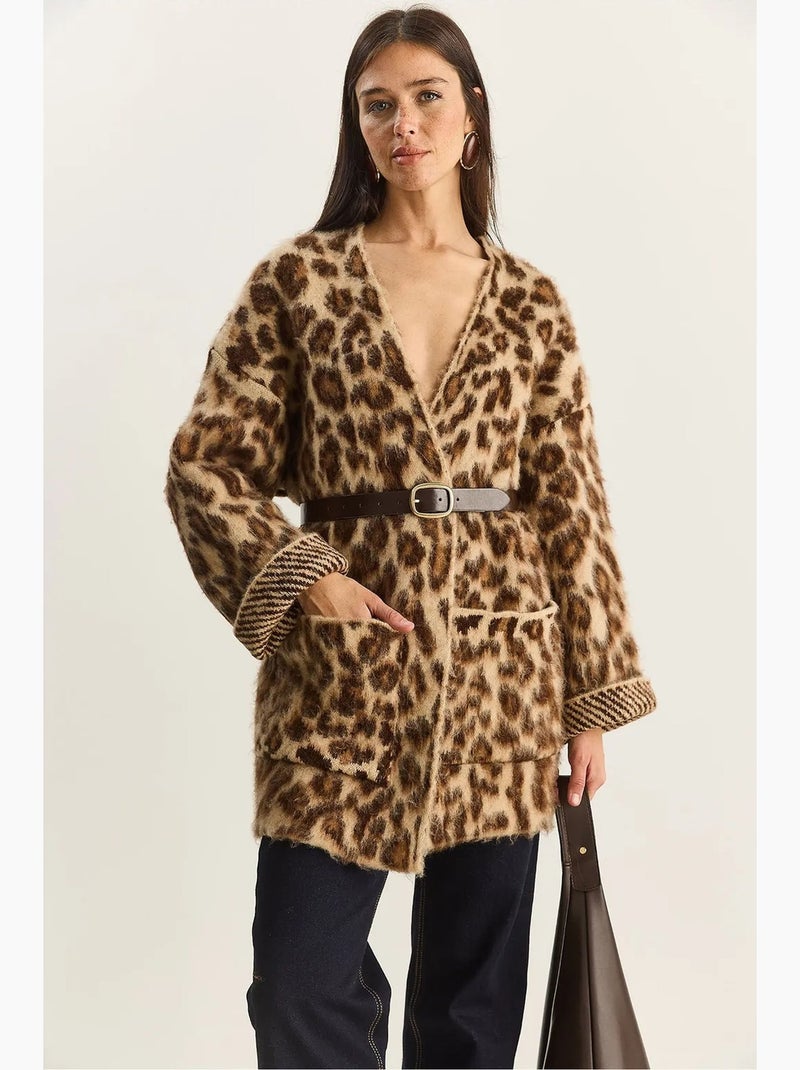 Cardigan lungo oversize con stampa leopardata e tasche lucci Marrone cioccolato - Kiabi