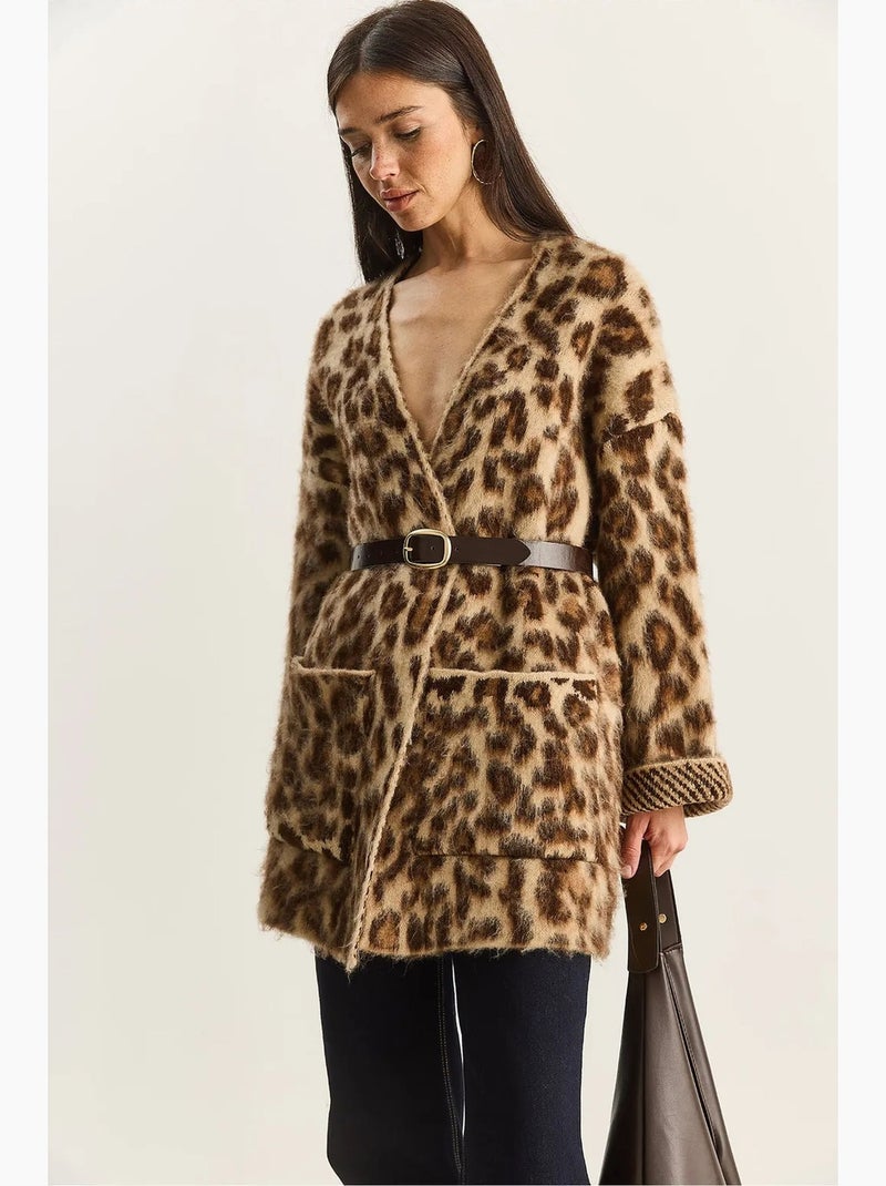 Cardigan lungo oversize con stampa leopardata e tasche lucci Marrone cioccolato - Kiabi
