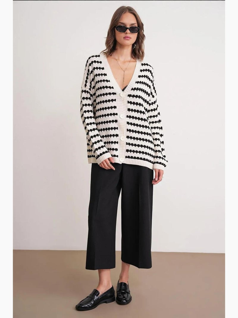 Cardigan oversize a righe in maglia a coste con bottoni mixray Bianco Nero - Kiabi