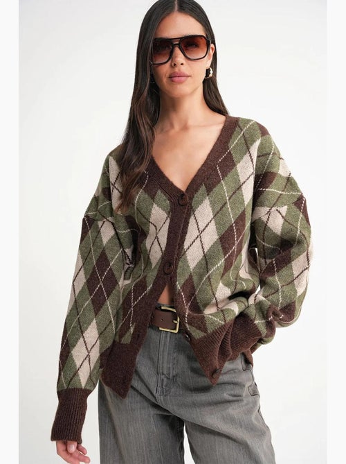 Cardigan oversize argyle con scollo a v e bottoni mixray - Kiabi Cardigan oversize argyle con scollo a v e bottoni mixray - Kiabi