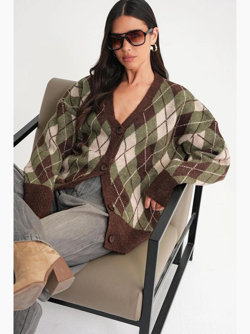 Cardigan oversize argyle con scollo a v e bottoni mixray Cachi - Kiabi