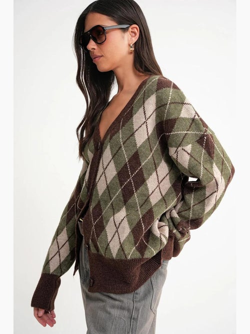 Cardigan oversize argyle con scollo a v e bottoni mixray - Kiabi Cardigan oversize argyle con scollo a v e bottoni mixray - Kiabi