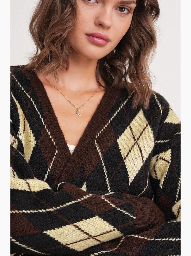 Cardigan oversize argyle con scollo a v e bottoni mixray Marrone chiaro - Kiabi