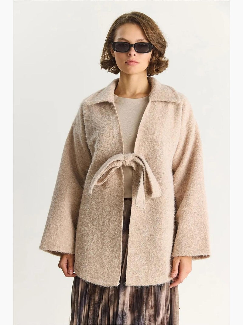 Cardigan oversize testurizzato con scollo a v e chiusura con laccetto lucci Beige argilla - Kiabi