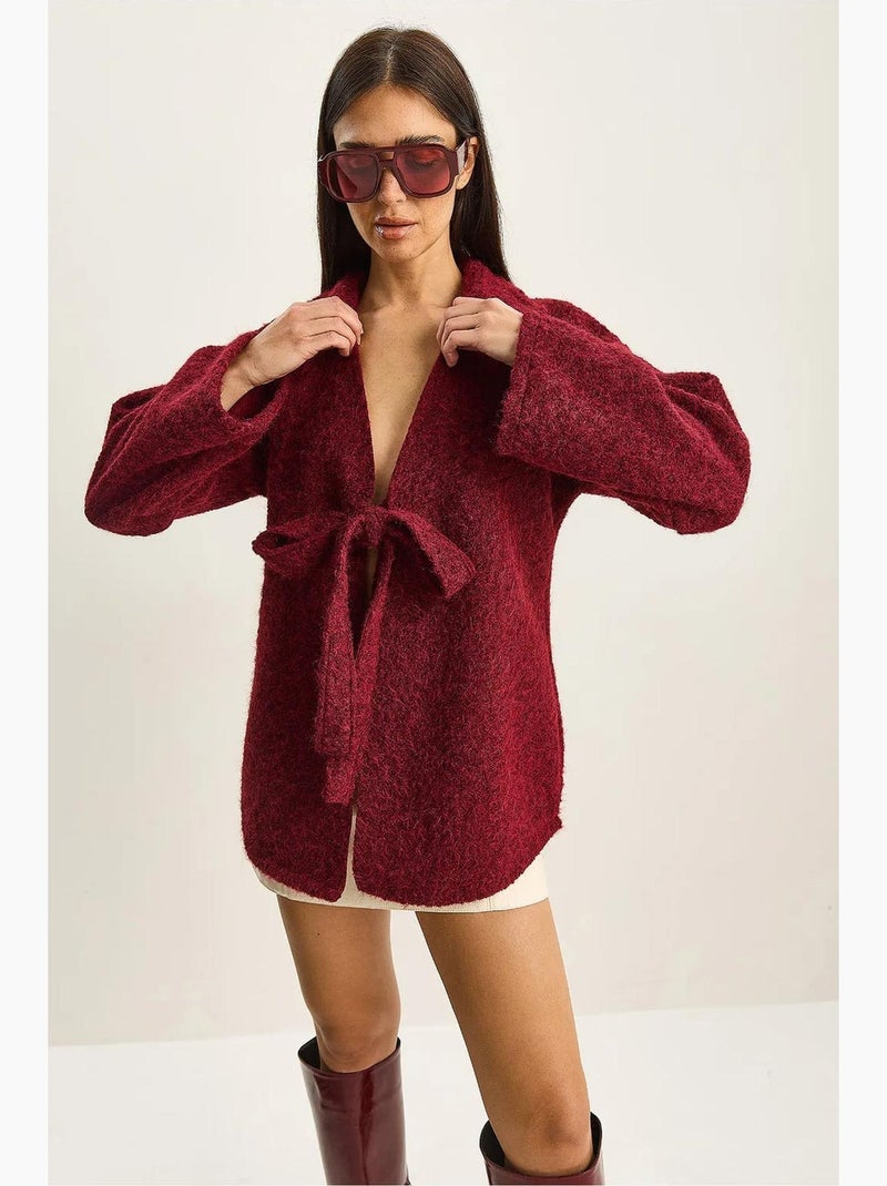 Cardigan oversize testurizzato con scollo a v e chiusura con laccetto lucci Rosso bordeaux - Kiabi