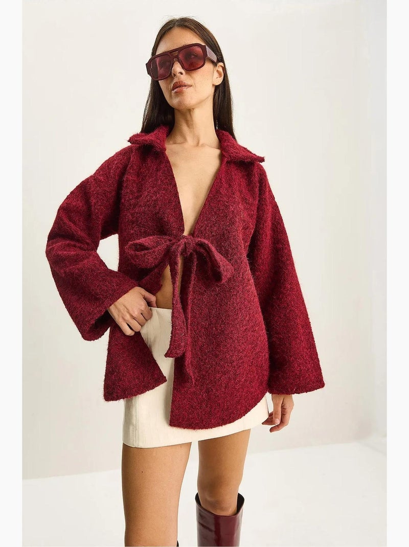 Cardigan oversize testurizzato con scollo a v e chiusura con laccetto lucci Rosso bordeaux - Kiabi