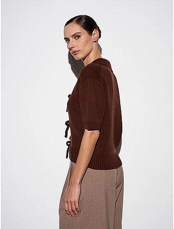 Cardigan polo da donna in acrilico a coste con chiusura frontale con laccetto