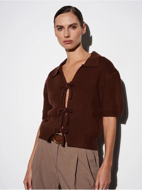 Cardigan polo da donna in acrilico a coste con chiusura frontale con laccetto - Kiabi Cardigan polo da donna in acrilico a coste con chiusura frontale con laccetto - Kiabi