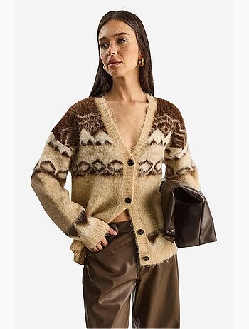 Cardigan spesso con motivo etnico, scollo a v e bottoni lucci