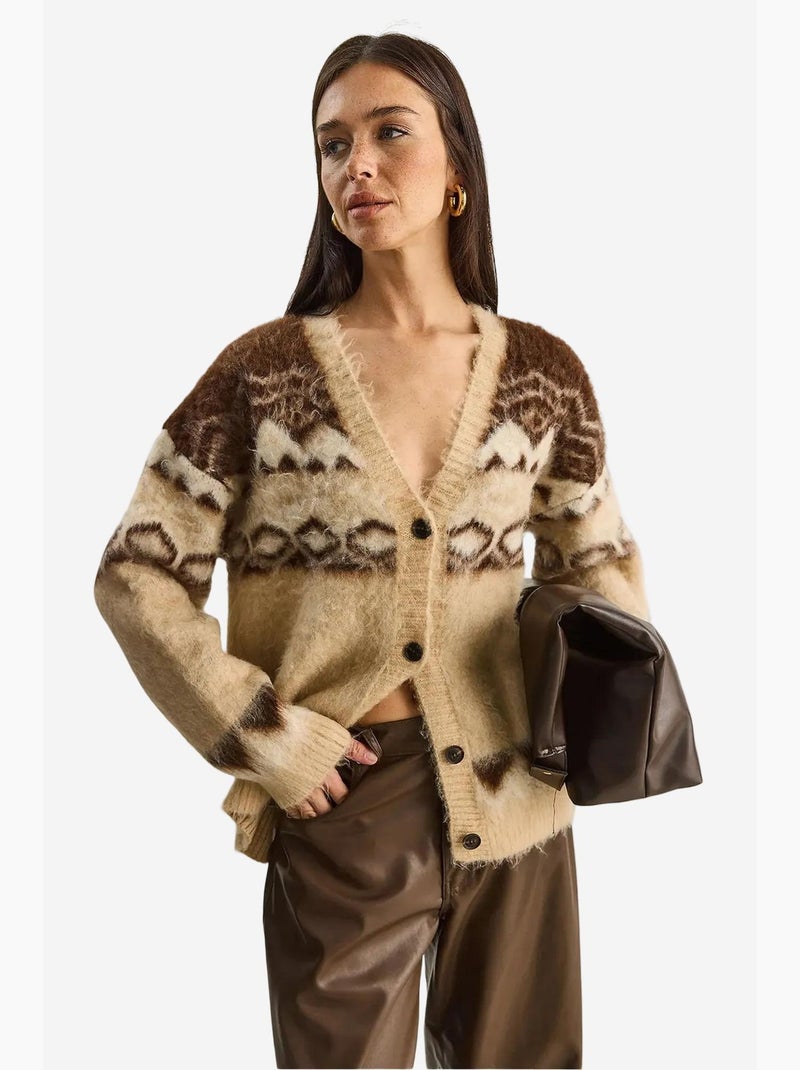 Cardigan spesso con motivo etnico, scollo a v e bottoni lucci Beige argilla - Kiabi