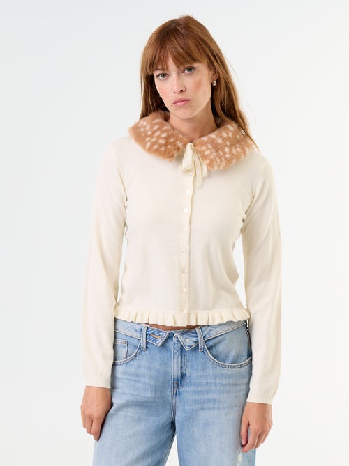 Cardigan tinta unita con collo in pelliccia sintetica - Kiabi
