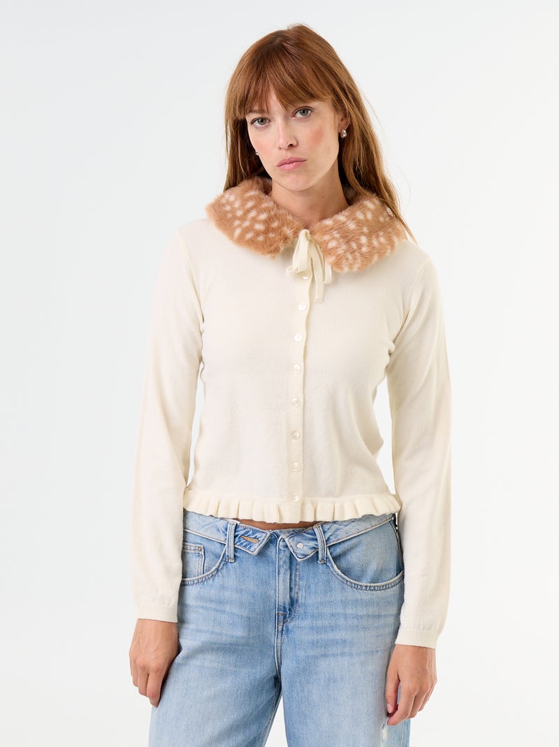 Cardigan tinta unita con collo in pelliccia sintetica Beige - Kiabi