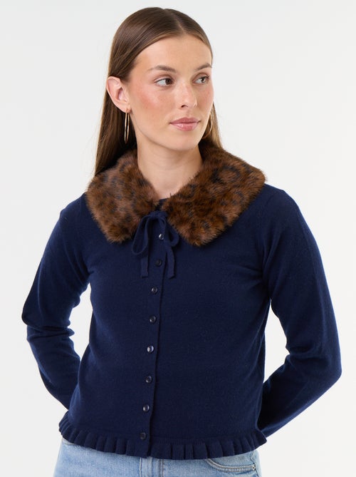 Cardigan tinta unita con collo in pelliccia sintetica - Kiabi