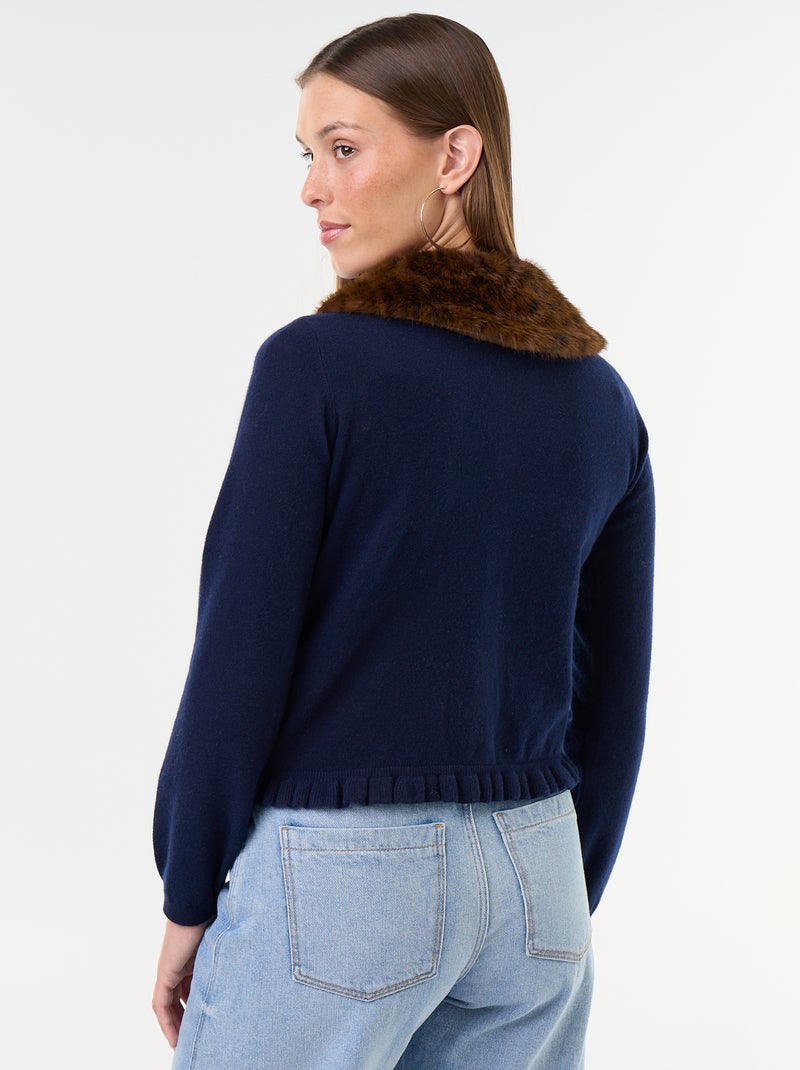 Cardigan tinta unita con collo in pelliccia sintetica Blu - Kiabi