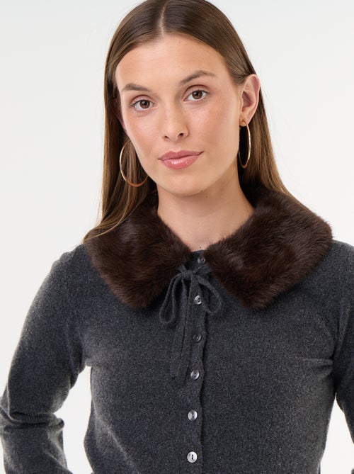 Cardigan tinta unita con collo in pelliccia sintetica - Kiabi