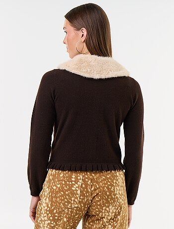 Cardigan tinta unita con collo in pelliccia sintetica