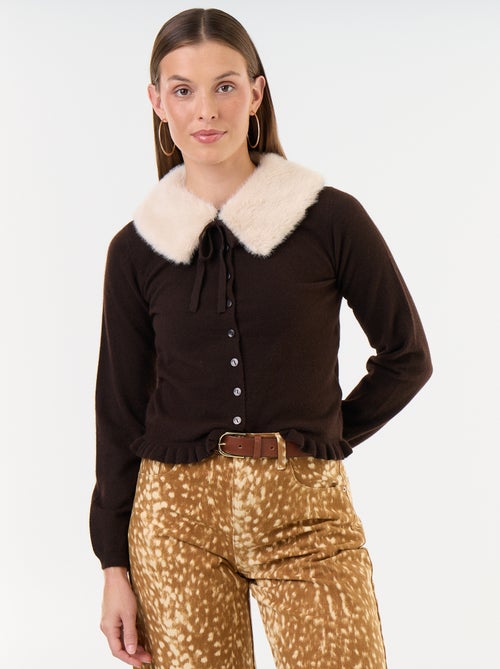 Cardigan tinta unita con collo in pelliccia sintetica - Kiabi