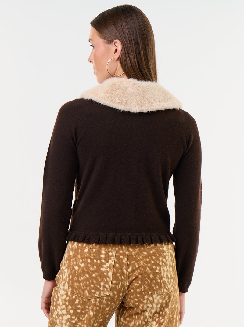 Cardigan tinta unita con collo in pelliccia sintetica Marrone - Kiabi