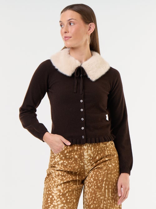 Cardigan tinta unita con collo in pelliccia sintetica - Kiabi