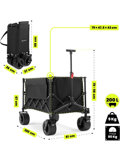 Carrello HyperMotion 200L pieghevole 80kg ruote tutto terreno robusto pratico compatto facile uso - Kiabi