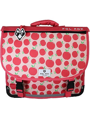 Cartella scolastica bambina POL FOX POMPOM 38 cm reversibile 2 scomparti rosa e rossa motivo mela