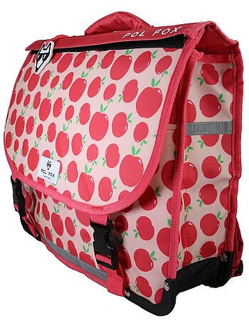 Cartella scolastica bambina POL FOX POMPOM 38 cm reversibile 2 scomparti rosa e rossa motivo mela
