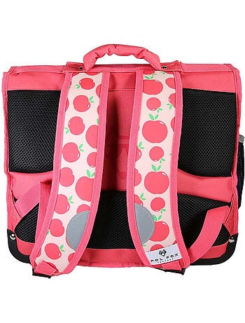 Cartella scolastica bambina POL FOX POMPOM 38 cm reversibile 2 scomparti rosa e rossa motivo mela
