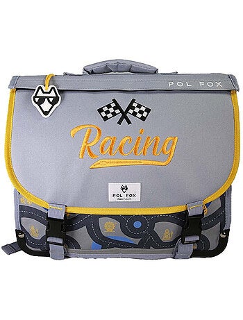 Cartella scolastica bambino POL FOX RACE 38 cm reversibile 2 scomparti grigia motivo auto