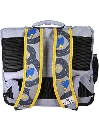Cartella scolastica bambino POL FOX RACE 38 cm reversibile 2 scomparti grigia motivo auto