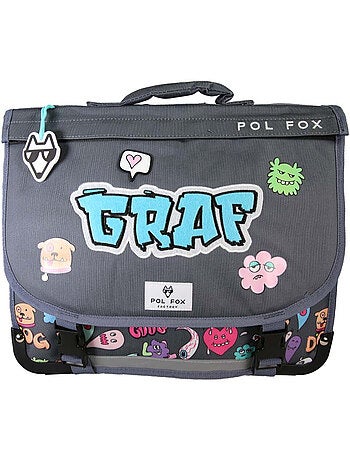 Cartella scolastica bambino POL FOX STREET ART 38 cm reversibile 2 scomparti grigia motivi graffiti