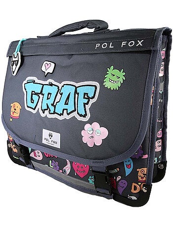 Cartella scolastica bambino POL FOX STREET ART 38 cm reversibile 2 scomparti grigia motivi graffiti