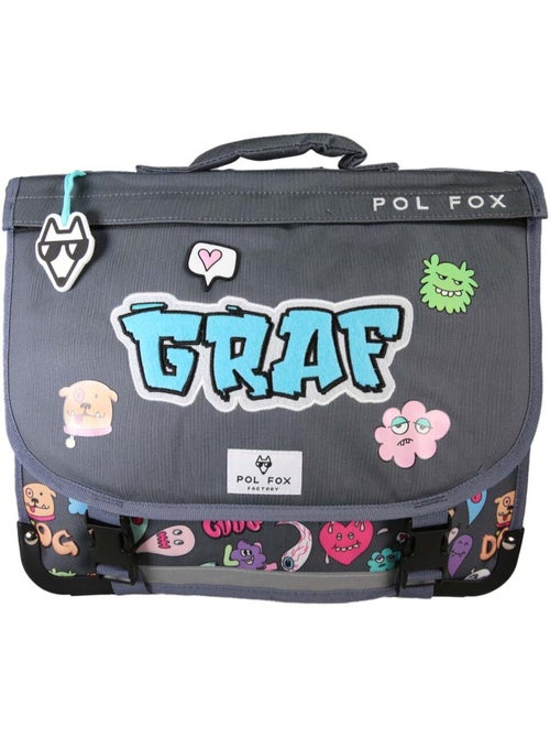 Cartella scolastica bambino POL FOX STREET ART 38 cm reversibile 2 scomparti grigia motivi graffiti - Kiabi