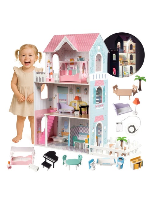 Casa delle bambole in legno Mamabrum A379 3 piani con LED e arredi completi per bambini - Kiabi Casa delle bambole in legno Mamabrum A379 3 piani con LED e arredi completi per bambini - Kiabi