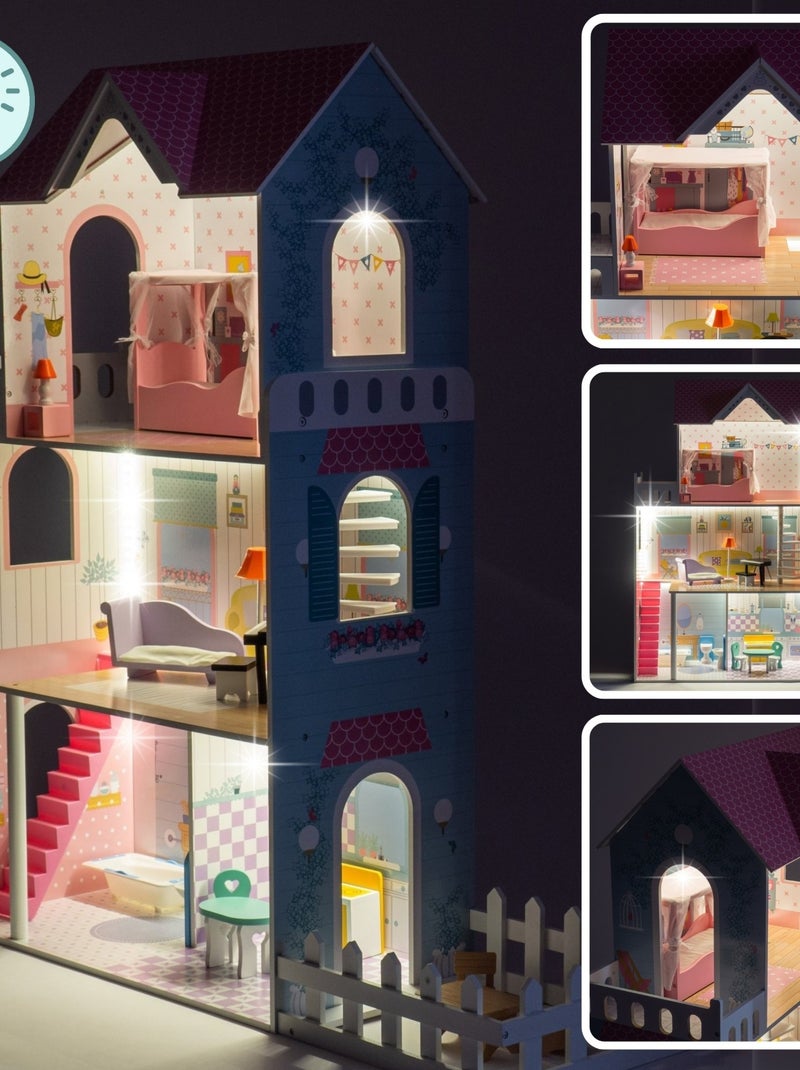 Casa delle bambole in legno Mamabrum A379 3 piani con LED e arredi completi per bambini N/D - Kiabi