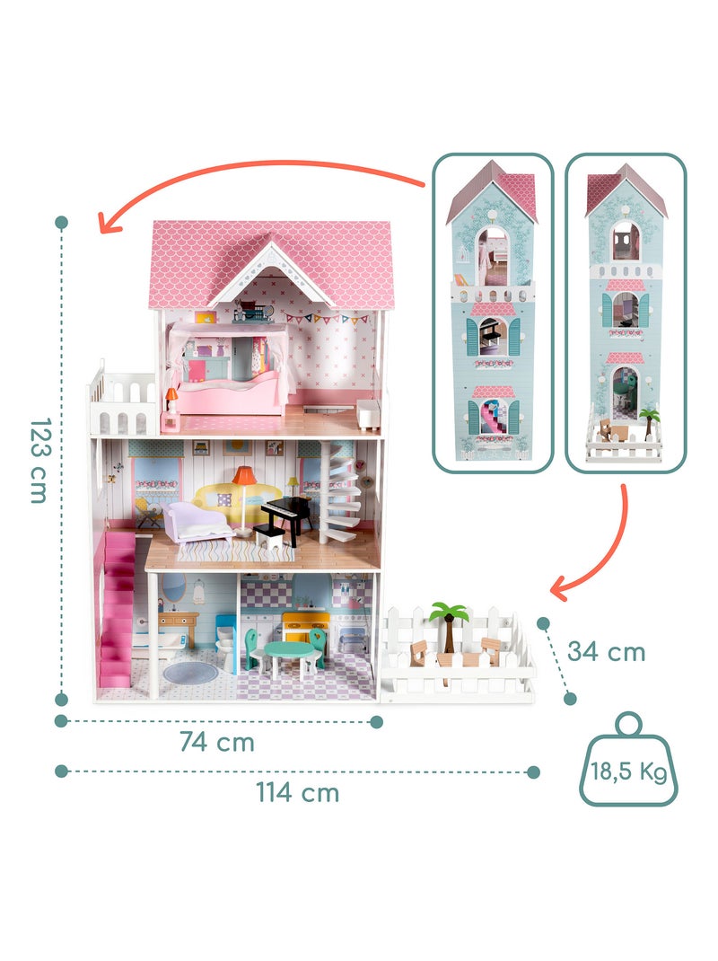 Casa delle bambole in legno Mamabrum A379 3 piani con LED e arredi completi per bambini N/D - Kiabi