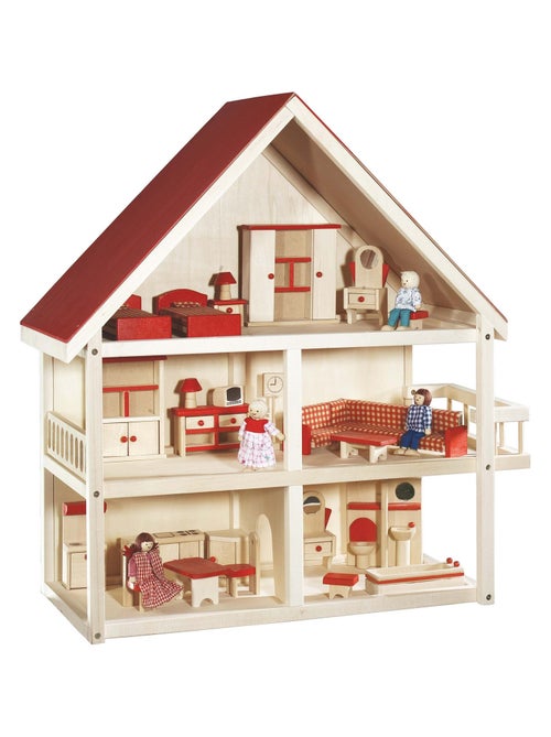 Casa delle bambole in legno + mobili in miniatura + 4 bambole – "Roba" - Kiabi