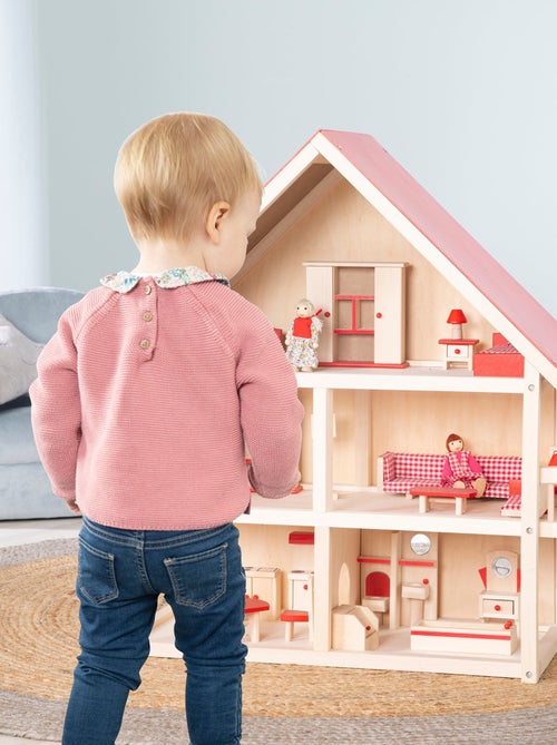 Casa delle bambole in legno + mobili in miniatura + 4 bambole – "Roba" - Kiabi