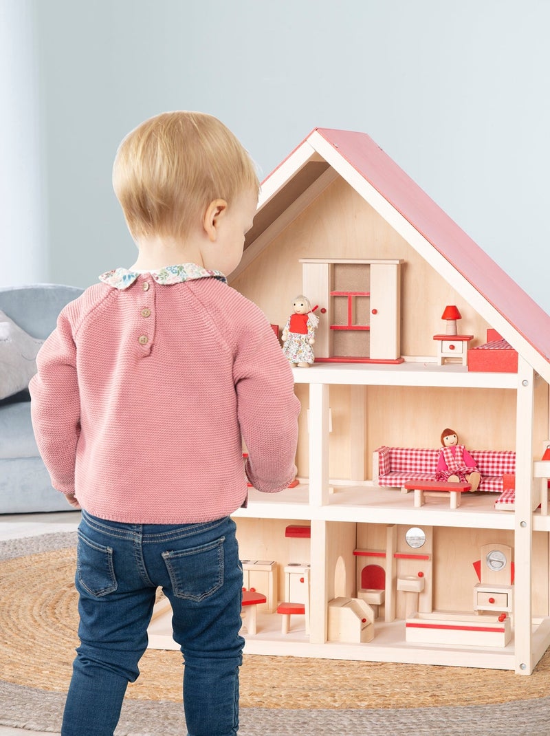 Casa delle bambole in legno + mobili in miniatura + 4 bambole – "Roba" Rosso - Kiabi