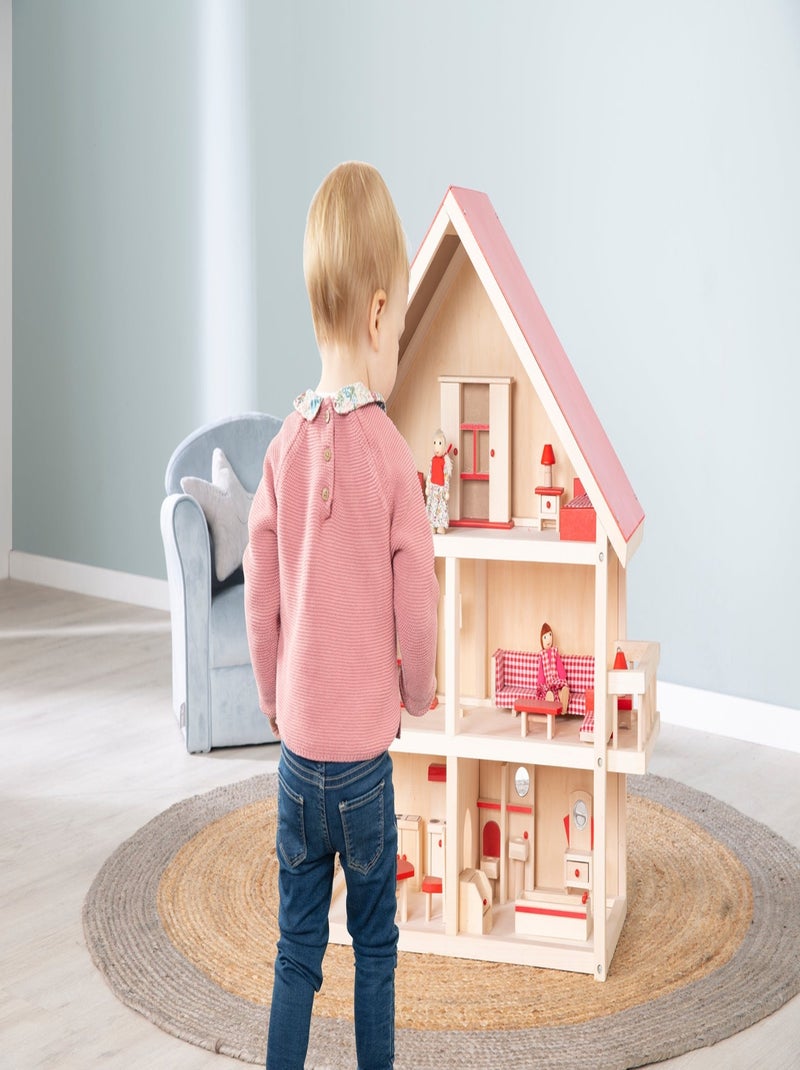Casa delle bambole in legno + mobili in miniatura + 4 bambole – "Roba" Rosso - Kiabi