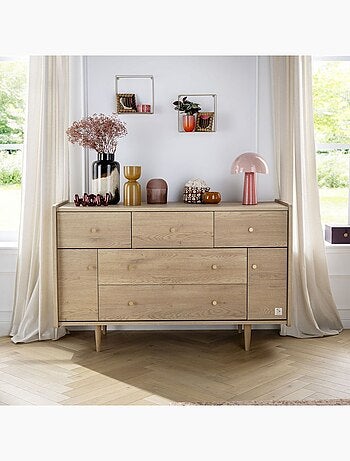 Cassettone a 5 cassetti con 2 ante, decoro in rovere vintage, maniglie - SAUTHON